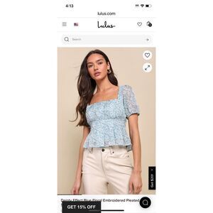 Dainty Effect Blue Floral Embroidered Pleated Puff Sleeve Top NWT